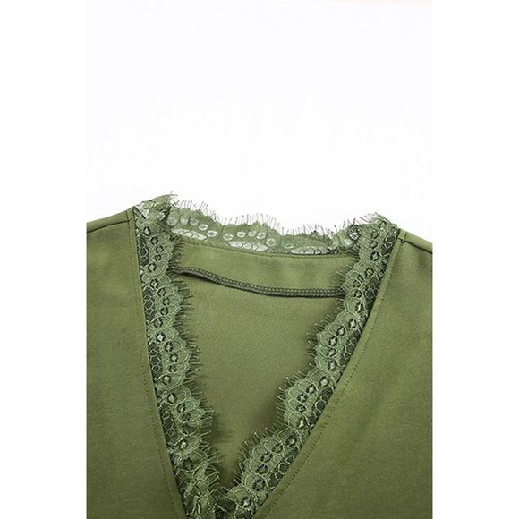 Azura Exchange  Green V Neck Lace Trim T-shirt - Picture 12 of 15